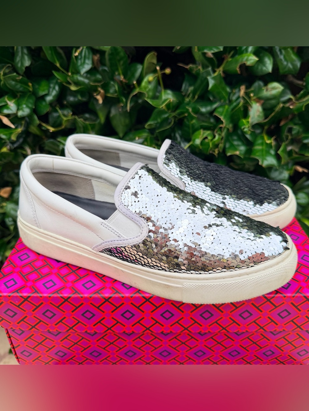 Tory Burch Sequin Slip-On Sneakers in Silver and Black